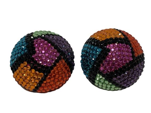 VINTAGE 80'S COLORS SWAROVSKI BOLD ROUND EARRINGS: CLIP ON style ala 80's wild colors and geometric shapes. Matching pin is listed in another listing, check them out. Excellent condition. Measures 1.5" long. Third party shipping required.