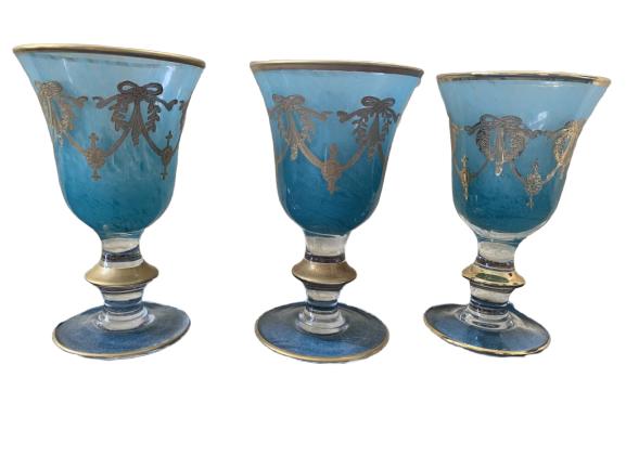 SET OF THREE TURQUOISE GOLD SWAG WINE GLASSES: SET OF THREE TURQUOISE GOLD SWAG WINE GLASSES 6" h