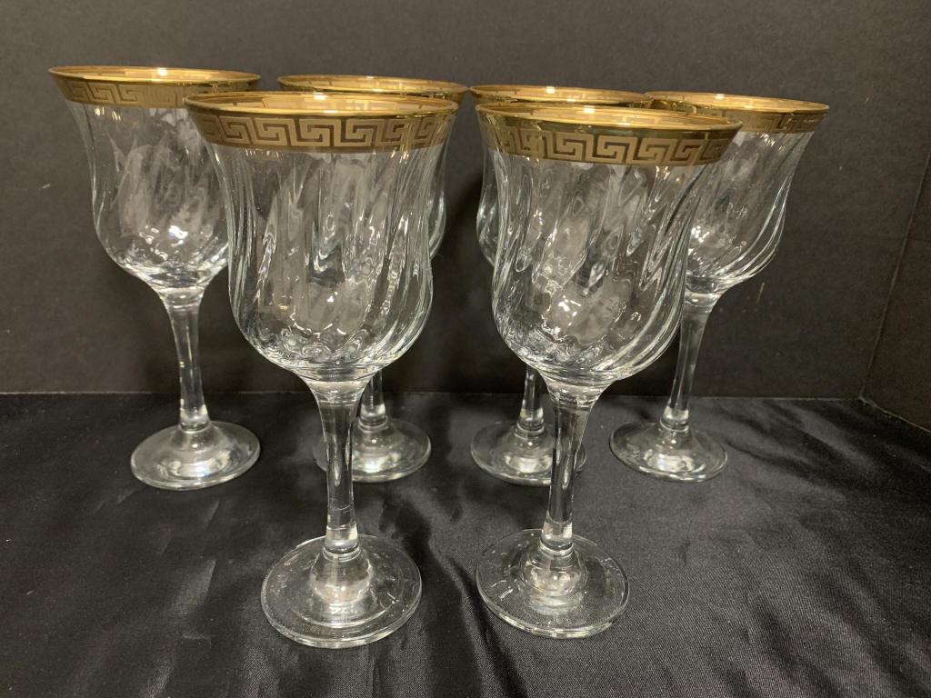 ITALY CRYSTAL WINE GLASSES GOLD GREEK KEY RIM X 6: ITALY CRYSTAL WINE GLASSES GOLD GREEK KEY RIM X 6 - 9.5" x 3" diameter on each - Excellent condition!