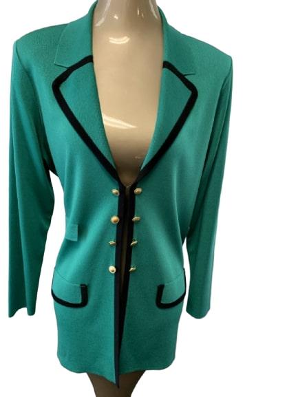 EXCLUSIVELY MISOOK GREEN CARDIGAN BLACK PIPING L: Lovely Exclusively Misook green cardigan with black piping and gold buttons down front. 17" S 22 1/2" B Like New Condition!