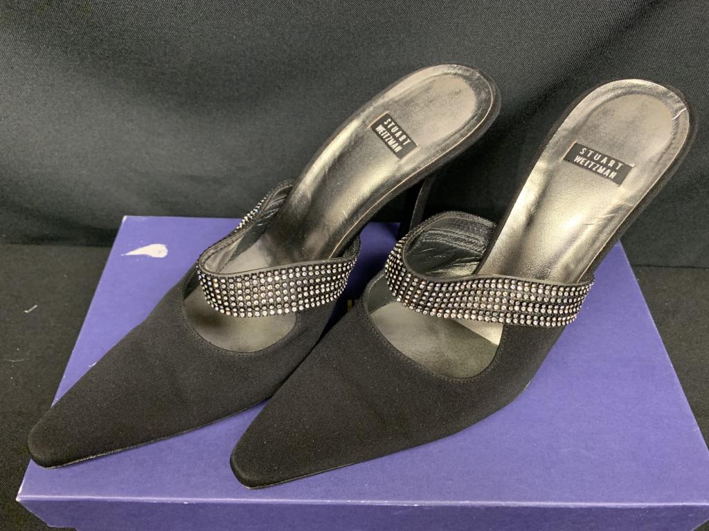 NEW STUART WEITZMAN RHINESTONE STRAP HEELS 7.5: STUART WEITZMAN size 7.5 ELEGANT heels in mule style with pointy toes and rhinestone strapped detail. Silver insole. New condition. Third party shipping required.