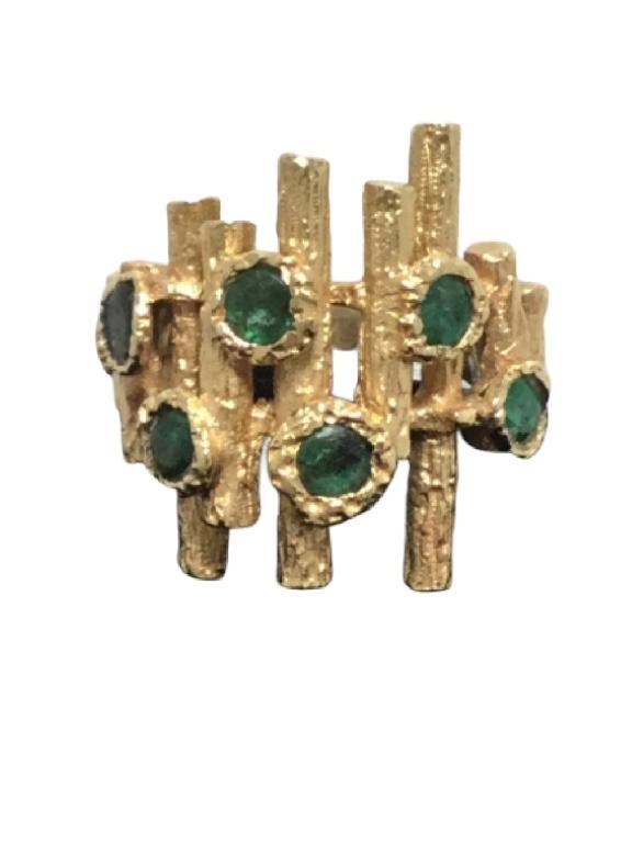 14K GOLD EMERALDS BOLD BAMBOO ART RING sSZ 8 (1 of 4)