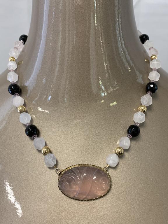 ANTQ 14K CARVED ROSE QUARTZ PENDANT BEADS NECKLACE (1 of 13)