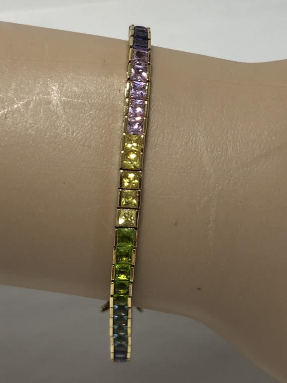 925 GOLDPLATED RAINBOW STONES TENNIS BRACELET 7" (1 of 4)