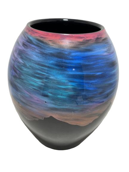 SIGNED RALPH RANKIN MODERN POTTERY VASE 9 1/2": RALPH RANKIN MODERN POTTERY VASE -Beautiful multicolored swirl design-9 1/2" H-Signed by artist-Very good condition