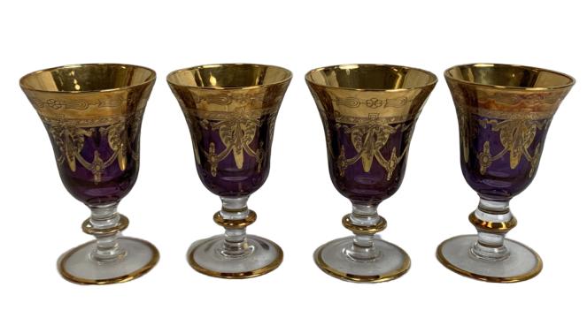 4 RIGIBI PRODUCTION AMETHYST WINE GLASSES: 4 RIGIBI PRODUCTION AMETHYST WINE GLASSES-Stunning amethyst wine glasses with a gold swag- Made in Italy-7" H-Very good condition