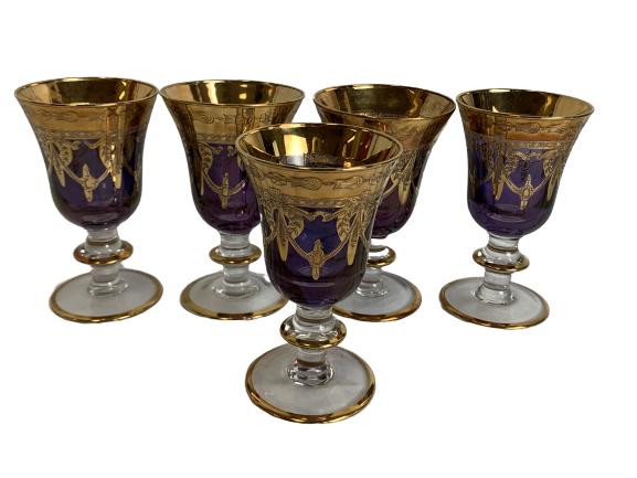 5 RIGIBI PRODUCTION AMETHYST WINE GLASSES: 5 RIGIBI PRODUCTION AMETHYST WINE GLASSES - Beautiful amethyst wine glasses with a gold swag-Made in Italy-5 3/4" H-Very good condition