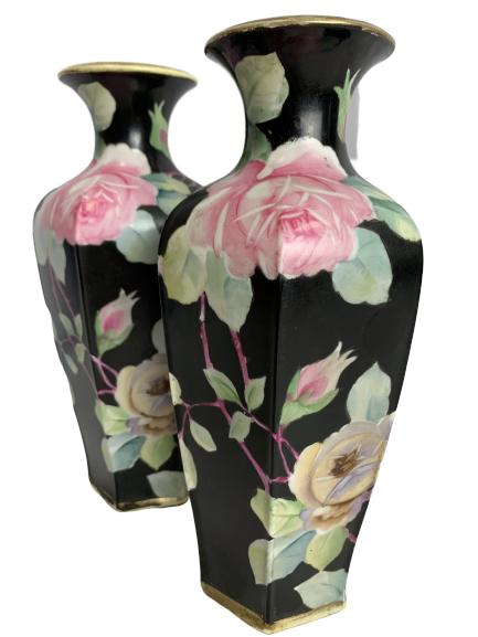 VINTAGE PAIR OF BLACK FLORAL NIPPON VASES: VINTAGE PAIR OF BLACK FLORAL NIPPON VASES -9" H-Very good vintage condition