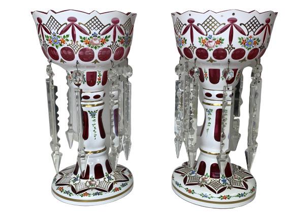 PAIR BOHEMIAN CASED GLASS CUT-TO-CRANBERRY LUSTRES (1 of 5)