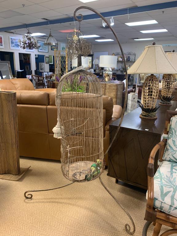 SHABBY CHIC METAL LONG HANGING BIRD CAGE W/ STAND (1 of 10)