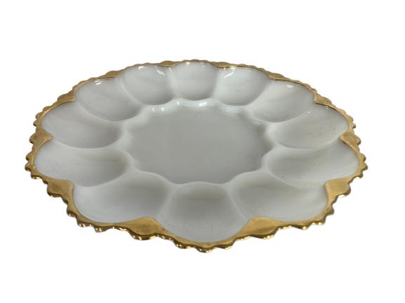 VINTAGE MILK GLASS EGG PLATE WITH FLUTED GOLD EDGE (1 of 3)