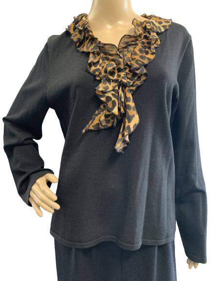 JONES OF NEW YORK BLACK SWEATER: JONES OF NEW YORK BLACK SWEATER WITH LEOPARD RUFFLE- SZ XL