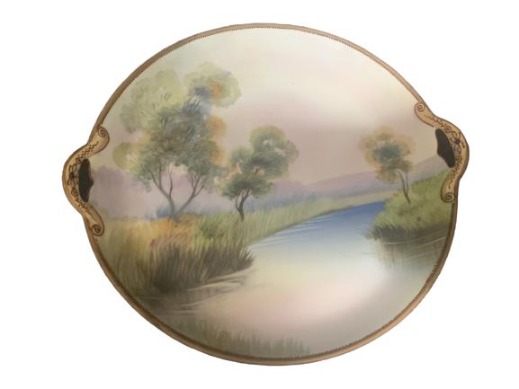 VINTAGE NIPPON HAND PAINTED DISH: VINTAGE NIPPON HAND PAINTED DISH 10 1/2" handle to handle-Very good vintage condition