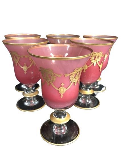 6 ROSE AND GOLD SWAG WINE GLASSES: 6 ROSE AND GOLD SWAG WINE GLASSES -6 1/2"-Very good condition
