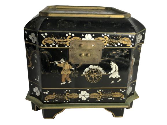 LARGE ANTIQUE ORIENTAL HANDPAINTED BOX: LARGE ANTIQUE ORIENTAL HANDPAINTED BOX WITH BRONZE FITTINGS-11 1/2 X13- screws for hinges missing and one chain-Good vintage condition