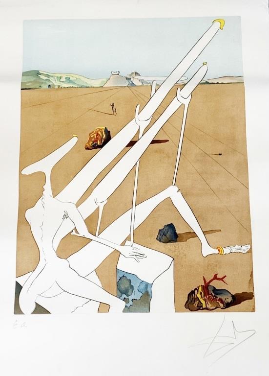 DALI PENCIL SIGNED COSMOS MARTIAN MICROSCOPE LITHO: SALVADOR DALI COSMOS 1 MARITAN MICROSCOPE SIGNED LITHOGRAPH - FOR one lithograph from the suite The Conquest of the Cosmos I "MARTIAN DALI EQUIPPED WITH A DOUBLE HOLOELECTRONIC MICROSCOPE" PENCIL SIGN