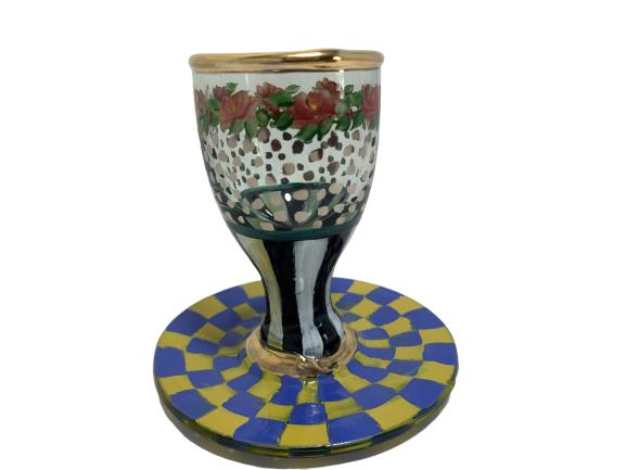 MACKENZIE-CHILDS EGG CUP: MACKENZIE-CHILDS EGG CUP FLORAL TOP BLACK/WHITE STEM -3.5" -Very good condition