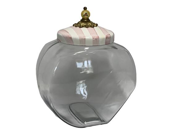 CLEAR COOKIE JAR WITH PINK & WHITE STRIPED LID: CLEAR COOKIE JAR WITH PINK & WHITE STRIPED LID - 10" H