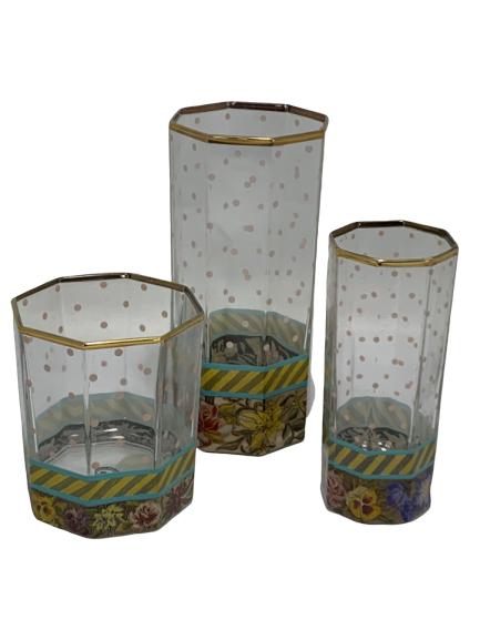 MACKENZIE-CHILDS SET OF 3 OCTAGON DRINKING GLASS: MACKENZIE-CHILDS SET OF 3 OCTAGON DRINKING GLASS 6" H 4.5" H 3.5" H