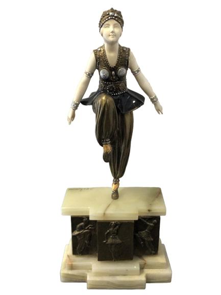 DEMETRE CHIPARUS BRONZE FLAPPER DECO DANCER STATUE: DEMETRE CHIPARUS BRONZE FLAPPER DECO DANCER STATUE - Signed by artist - 15.5" tall x 7" width - One hand has a few fingers broken as shown, overall good condition!