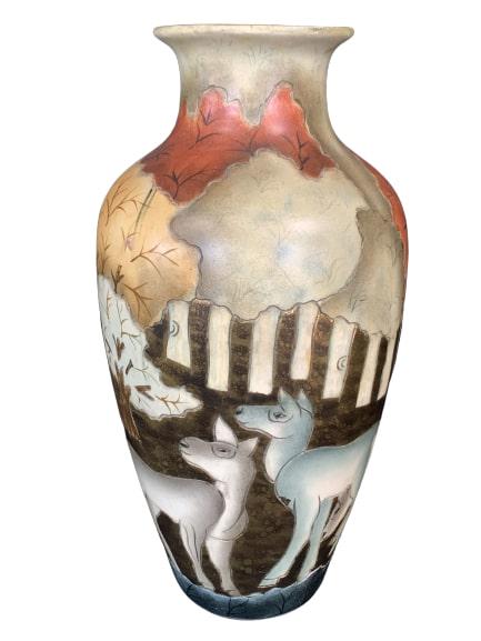 VINTAGE KALIFANO PAINTED DEER TREES TALL 18" VASE: VINTAGE CARVED PAINTED DEER TREES TALL 18" VASE - 18" tall x 5.5" opening x 10" width at the widest part of vase - EXCELLENT condition - Kalifano style vase circa 80s in era - UNIQUE art design!