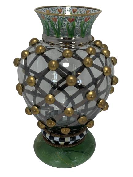 LG MACKENZIE-CHILDS ORNATE FLOWER VASE 10 3/4" H: MACKENZIE-CHILDS FLOWER VASE BASKET WEAVE DESIGN WITH ANTIQUE GOLD FINISHED STUDS - 10"-10 3/4" x 8"-Like new condition