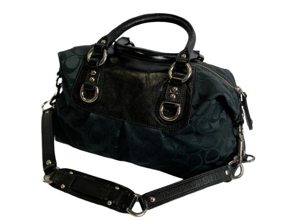 COACH SIGNATURE BLACK HANDBAG: COACH SIGNATURE BLACK HANDBAG -Black leather trim -13"x 8" -Very good condition