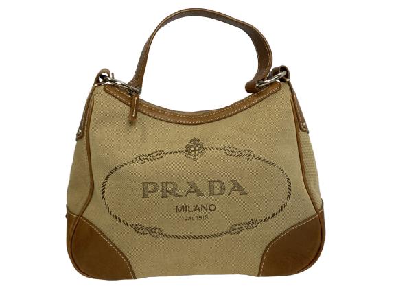 PRADA TAN FABRIC & LEATHER HANDBAG: PRADA TAN FABRIC & LEATHER HANDBAG - 10" h x 12" - very good condition