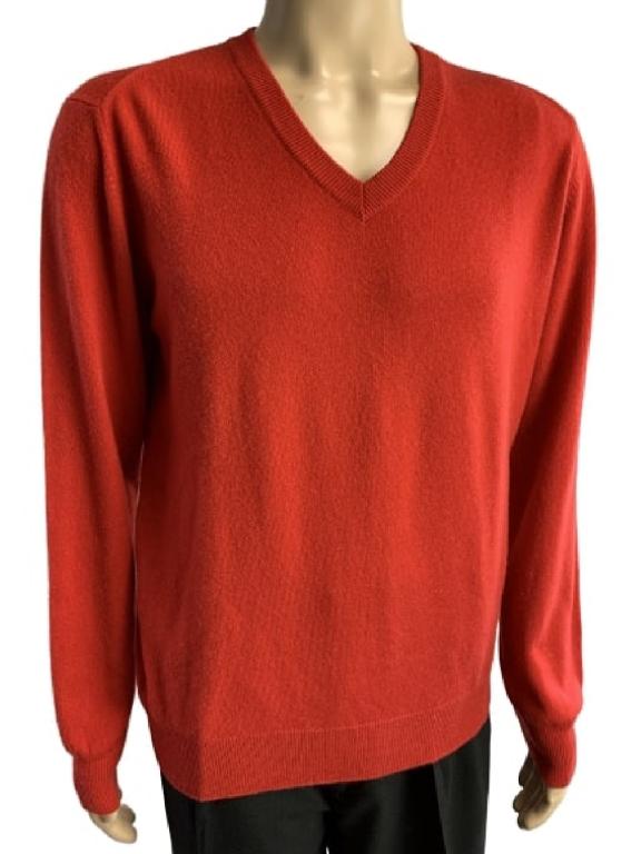 HERMES VALENTINE RED CASHMERE V NECK SWEATER XL: AMAZING sweater by Hermes. 100% cashmere in luscious bold Valentine's Day RED! One small hole in the back of the collar, see pictures. All else is in great preowned condition with just some mild wear