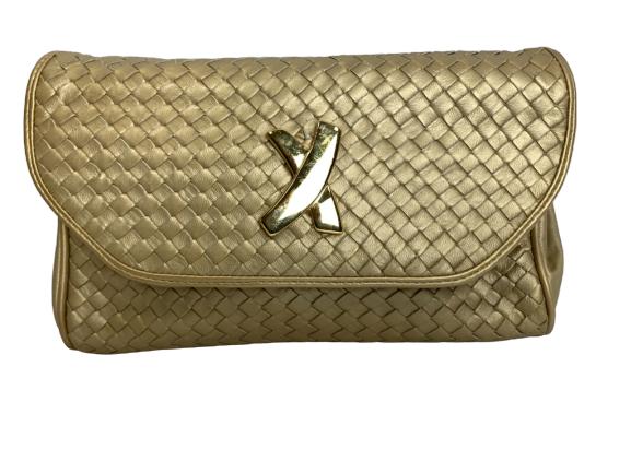 PALOMA PICASSO GOLD LEATHER CLUTCH BAG: PALOMA PICASSO GOLD LEATHER CLUTCH BAG - 6" h x 10" w - good condition
