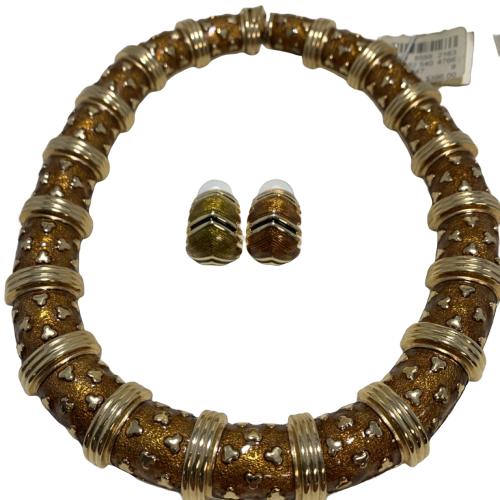 VINTAGE JUDITH LEIBER BOXED NECKLACE/EARRING SET: Lovely Vintage Judith Lieber boxed necklace and earring set in bronze and gold tones, Simple- yet elegant 15" long