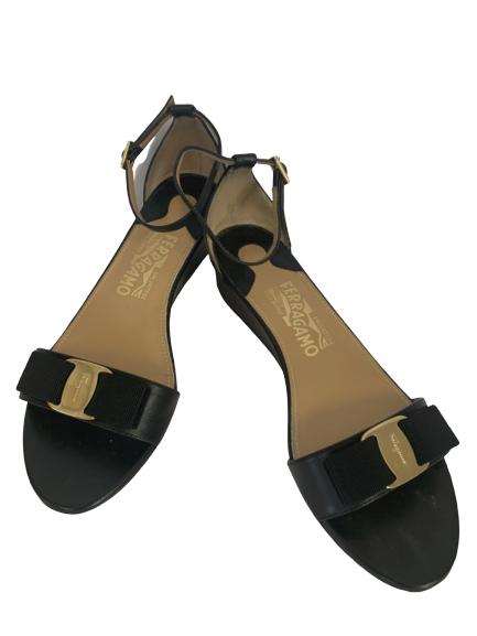FERRAGAMO BLACK WEDGE SANDALS W/ ANKLE STRAP SZ6.5: FERRAGAMO BLACK WEDGE SANDALS W/ ANKLE STRAP SZ6.5 - Very Good Pre owned Condition