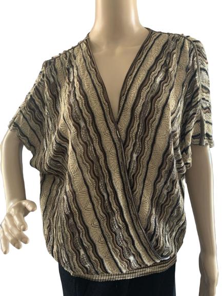 DANA BUCHMAN SWEATER SZ LARGE: DANA BUCHMAN SWEATER SZ LARGE - Very Good Pre Owned Condition - Striped Multi Earth Tone Colors - Elastic Waist