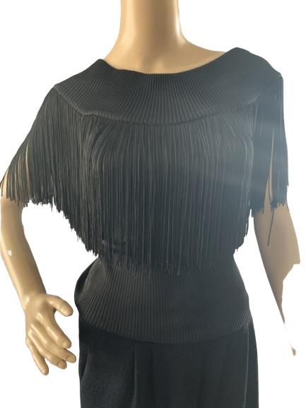 YVES ST LAURENT BLACK SWEATER SZ SMALL: YVES ST LAURENT BLACK SWEATER SZ SMALL - Black Fringe at Neckline - Like New Condition