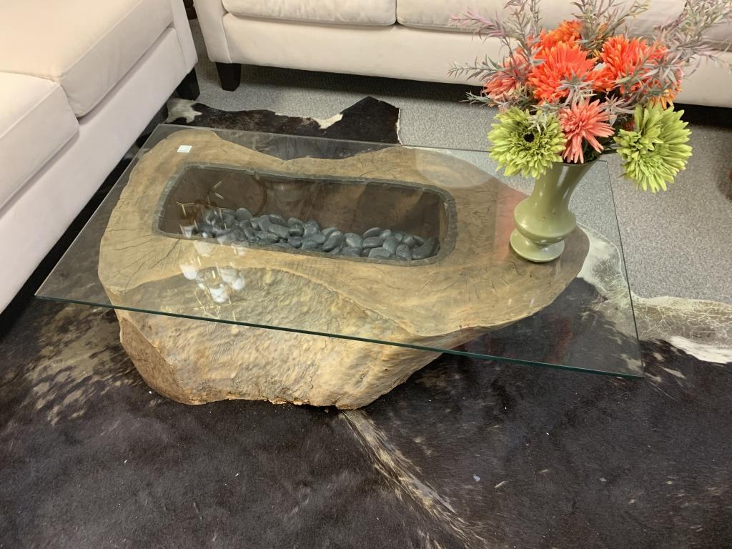 VINTAGE CARVED WOOD HIBACHI COFFEE TABLE WITH GLASS: Vintage carved wood Hibachi Table with a glass top. Purchased from a prominent NYC antique dealer. In very good condition Measurements: 42" x 22" x 13"