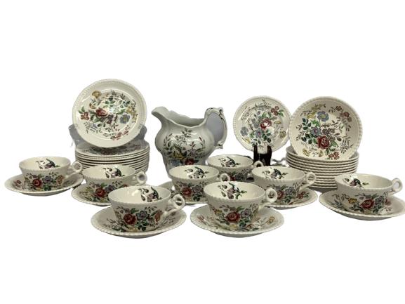 SPODE ROMNEY "COPELAND" FLORAL CHINA 47 PC LOT: SPODE ROMNEY "COPELAND" CHINA SET SET INCLUDES: (6)5.5" B&B plates, (19) 6" Saucers, (13) 6.5" Dessert plates, (8) Flat cups and a 40oz pitcher made by BOOTH's from the "FlowerPiece"Collection. Romney