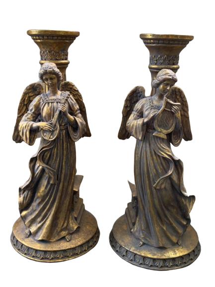 GOLD GILT STATUE HARP ANGELS CANDLEHOLDERS PAIR X2: GOLD GILT STATUE HARP ANGELS CANDLEHOLDERS PAIR X2 - Great condition! - 7" diameter of base x 17" tall for each angel