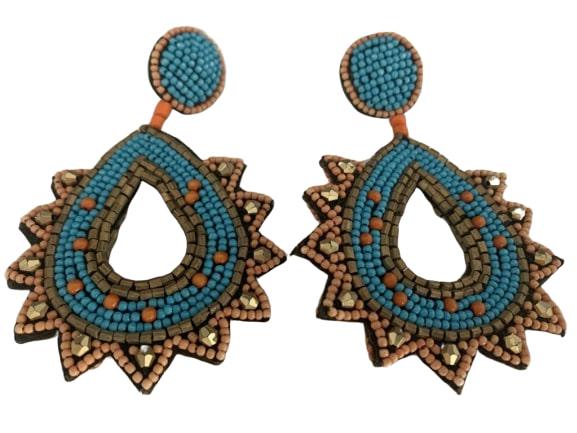 J CREW PAIR TURQUOISE ORANGE HAND BEADED EARRINGS: J. Crew pair of beaded drop earrings. 4"L Very good condition