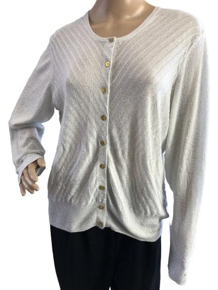 DANA BUCHMAN SILVER METALLIC GOLD BTN CARDIGAN XL: DANA BUCHMAN SILVER METALLIC GOLD BTN CARDIGAN XL - Thin fabulous silver metallic - Bold gold signed buttons - Size XL on tag - 42" bust, 25" length, 25" sleeves - A few little snags on one sleeve. A
