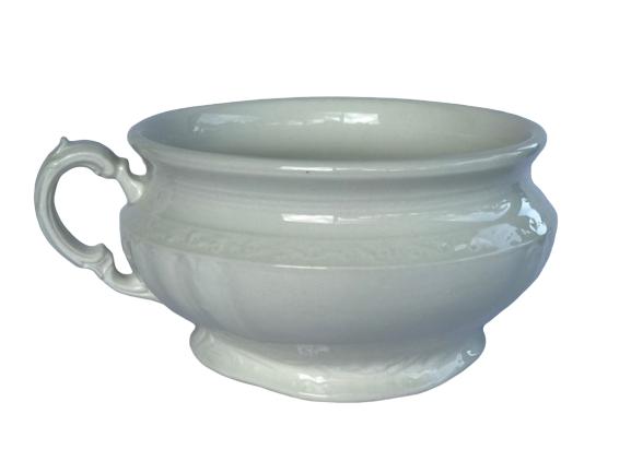 VINTAGE WHITE IRONSTONE CHAMBER POT TAYLOR SMITH T: Vintage white ironstone chamber pot. The pot is marked "TST" for Taylor, Smith and Taylor. It's American white ironstone made in Chester, West Virginia. The company existed from 1899 - 1970's. It meas