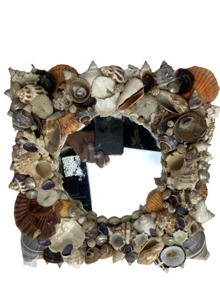 VINTAGE HAND MADE SHELL MIRROR: VINTAGE HAND MADE SHELL MIRROR -From Maryann Creation in No. Hollywood -9 1/2" x 9 1/2" -Very good condition -