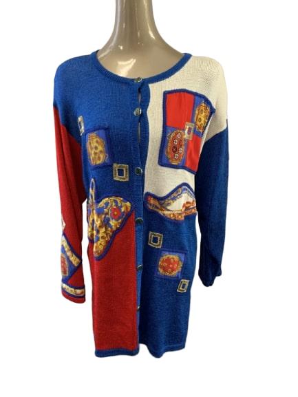VINTAGE SUZANNE KOHLER EUROPEAN SWEATER: Great Suzanne Kohler vintage red, white, and blue button down cardigan 21 1/2" Shoulders 21 1/2"Bust Excellent Vintage Condition!