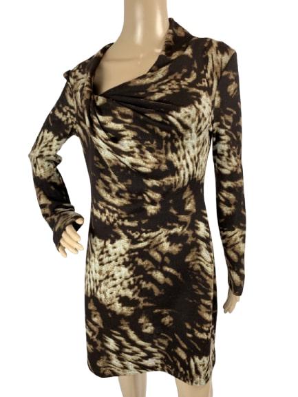 WALTER BAKER W118 LEOPARD KNIT CROSS COWL DRESS S: Stunning and sexy soft knit dress by W118 for Walter Baker. Leopard print. Slightly off centerd cowl neckline and super flattering cut. Size small on tag measurs 36" bust, 30" waist 38" hips and 33" l