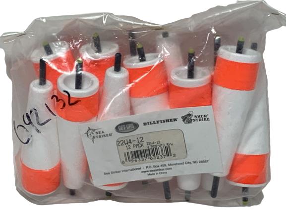 SEA STRIKER 4" NON-WTD R/W POP-N-FLOAT 12 PACK: Sea Striker Popping Float Non- Weighted 4in Red and White 12 Pack Made of close-textured polystyrene. Hand painted with fluorescent red paint for easy visibility. Concave top creates popping, chugging