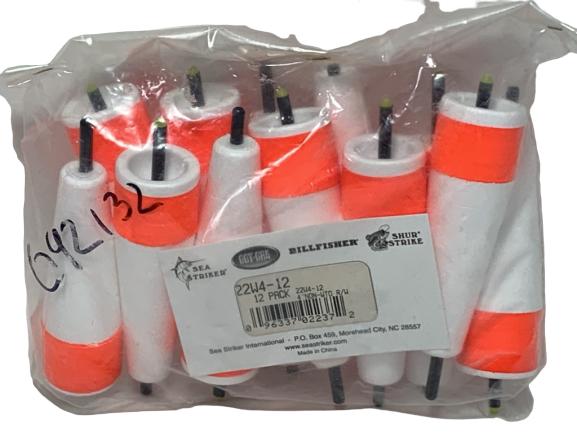 SEA STRIKER 4" NON-WTD R/W POP-N-FLOAT 12 PACK: Sea Striker Popping Float Non- Weighted 4in Red and White 12 Pack Made of close-textured polystyrene. Hand painted with fluorescent red paint for easy visibility. Concave top creates popping, chugging