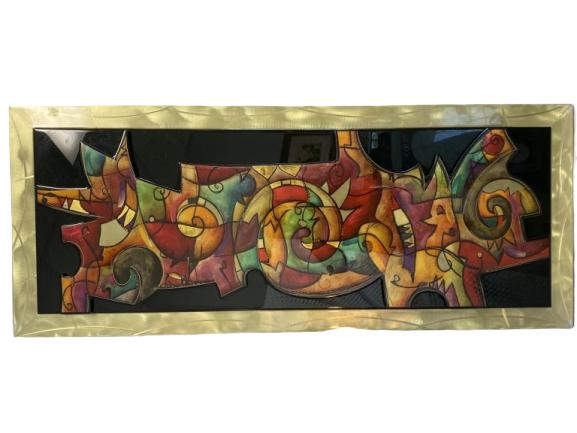 RESIN POP ART ON PANEL STYLE OF MARCUS PIERSON: Colorful resin on aluminium panel in the style of Marcus Pierson. Measures: 60.75" x 24.75" x 1.75" Very good condition