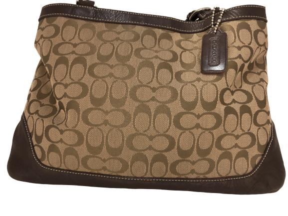 LARGE COACH BROWN SIGNATURE CANVAS HANDBAG: LARGE COACH BROWN HANDBAG CANVAS WITH LEATHER TRIM - 14" W X 9" H
