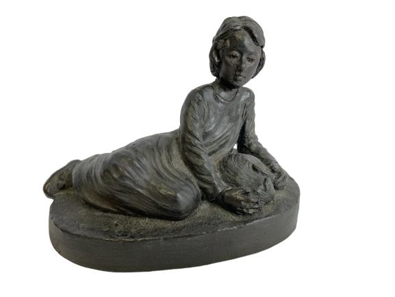 LOVELY RECLINING GIRL WITH PET FIGURINE: LOVELY RECLINING GIRL WITH PET FIGURINE MADE IN IRELAND - 4" h x 5" w