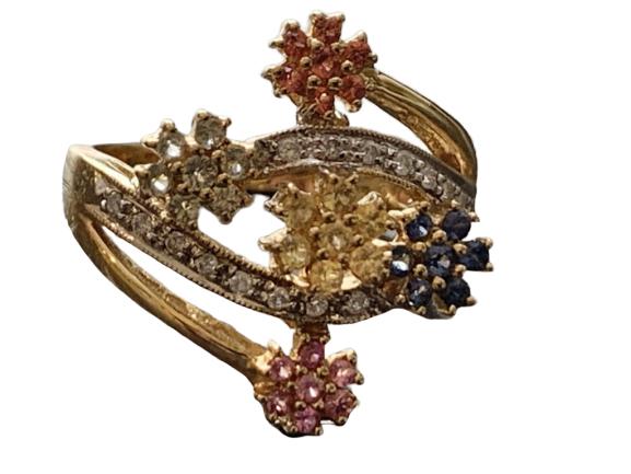 MULTI-COLORED SAPPHIRE & DIAMOND RING SIZE 9: MULTI-COLORED SAPPHIRE & DIAMOND RING - size 9 - 5.71 grams - blue, pink, yellow, orange & white very good condition