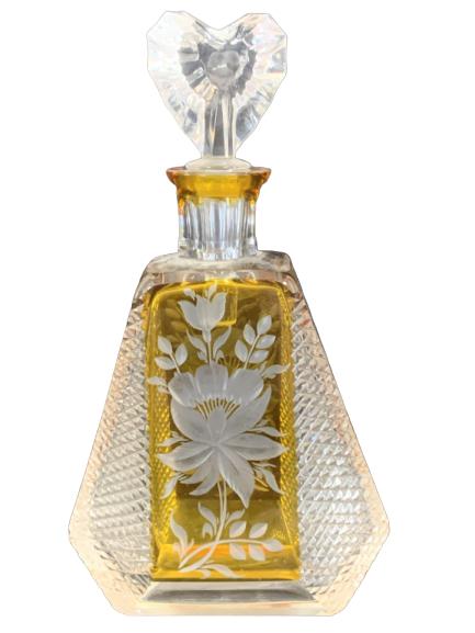 CANARY YELLOW CZECH CUT PERFUME BOTTLE W/STOPPER: Vintage Art Deco Bohemian Czech Cut Glass Canary Yellow Perfume Bottle Etched with a Flower 10.5" tall x 6" wide Very Good Condition.